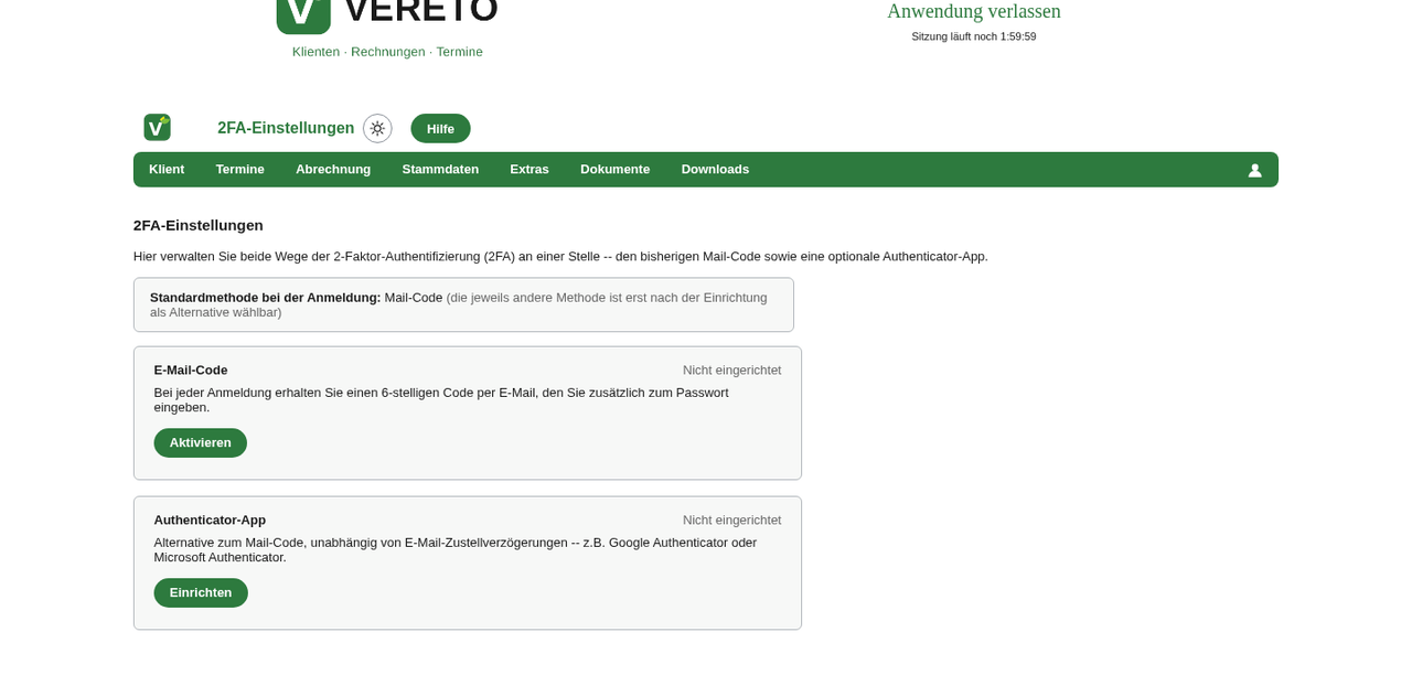 2FA-Einstellungsseite mit zwei Karten: E-Mail-Code (Status „Nicht eingerichtet“, Button „Aktivieren“) und Authenticator-App (Status „Nicht eingerichtet“, Button „Einrichten“)