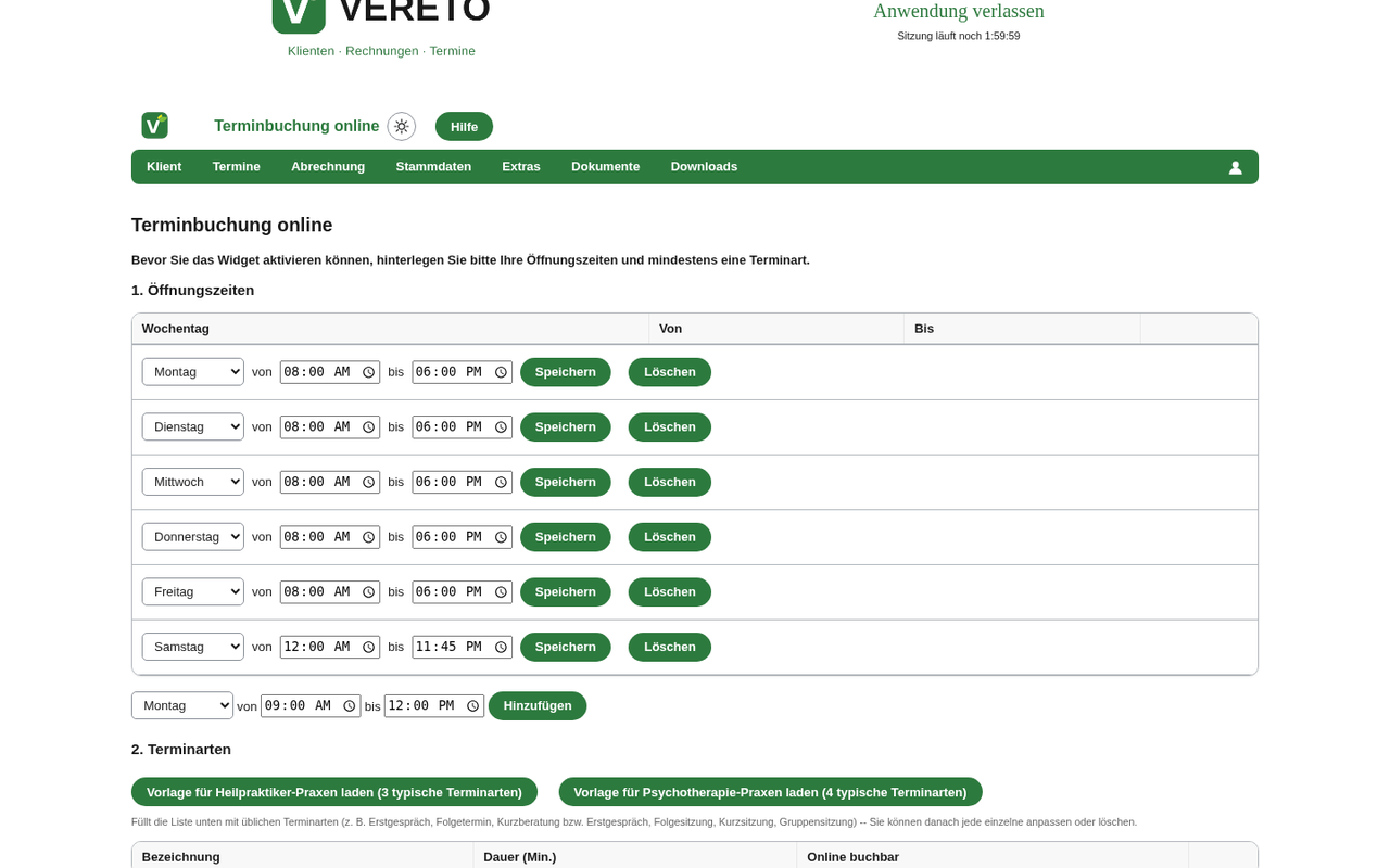 Einstellungsseite Terminbuchung online mit Wochentag-Öffnungszeiten-Tabelle (Montag bis Samstag mit Von/Bis-Uhrzeiten) und Vorlagen-Buttons für Terminarten