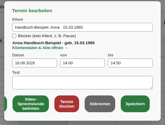 Termin-Bearbeiten-Fenster im Terminkalender mit dem grünen Button „Video-Sprechstunde beitreten“ neben „Termin löschen“