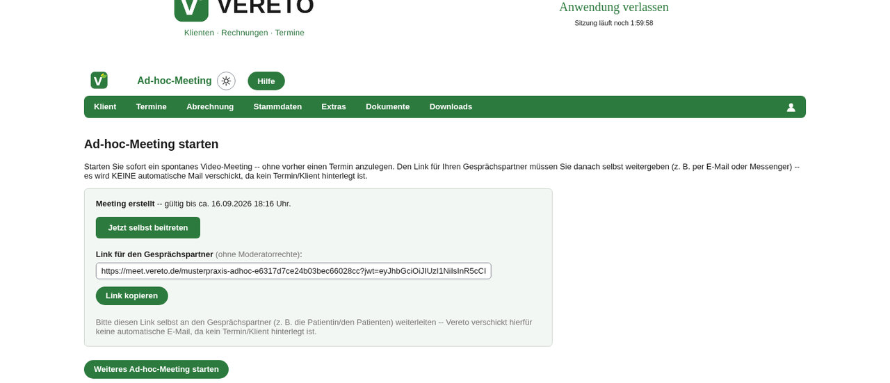 Ad-hoc-Meeting-Seite nach dem Erstellen eines Raums: Button „Jetzt selbst beitreten“ sowie der separate Link für den Gesprächspartner ohne Moderatorrechte mit Button „Link kopieren“