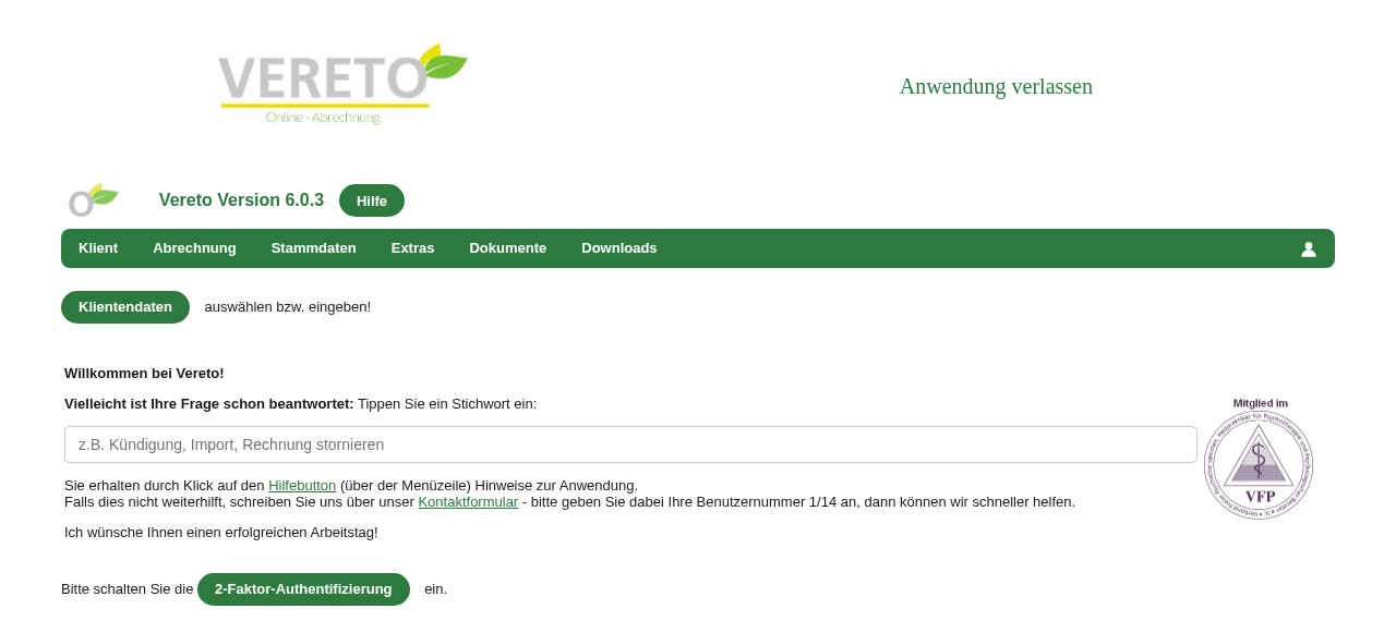 Vereto-Hauptmenü nach der Anmeldung mit den sechs Bereichen Klient, Abrechnung, Stammdaten, Extras, Dokumente, Downloads
