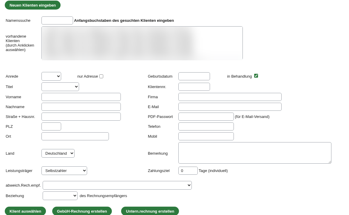 Klientenformular mit Namenssuche, Liste vorhandener Klienten und den Feldern Anrede, Name, Adresse, Kontaktdaten