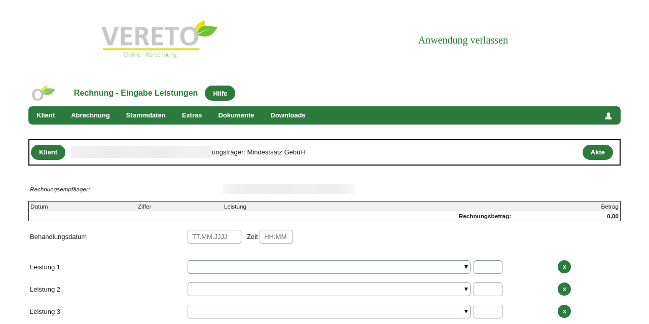 GebüH-Rechnungsformular mit Rechnungsempfänger, Leistungstabelle und bis zu fünf Leistungszeilen