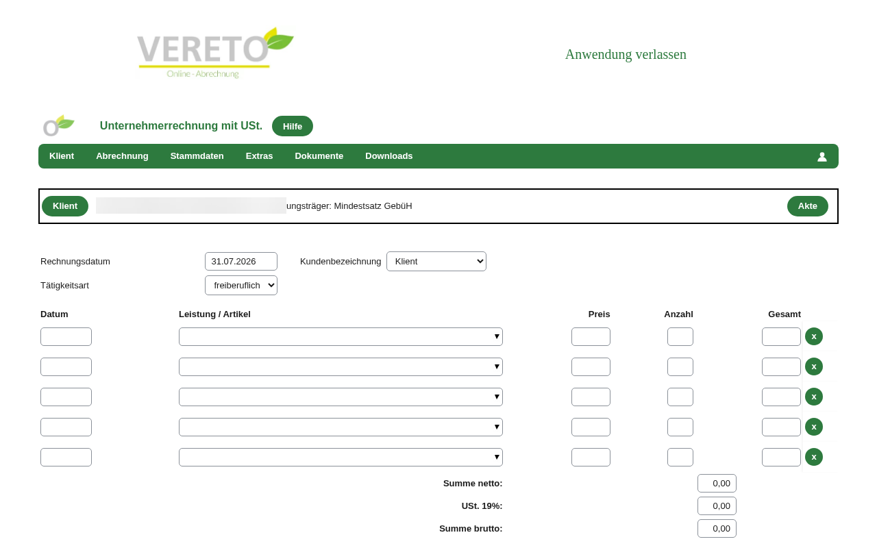 Unternehmerrechnungsformular mit USt., Positionstabelle für Leistung/Artikel, Preis, Anzahl und Summenzeilen