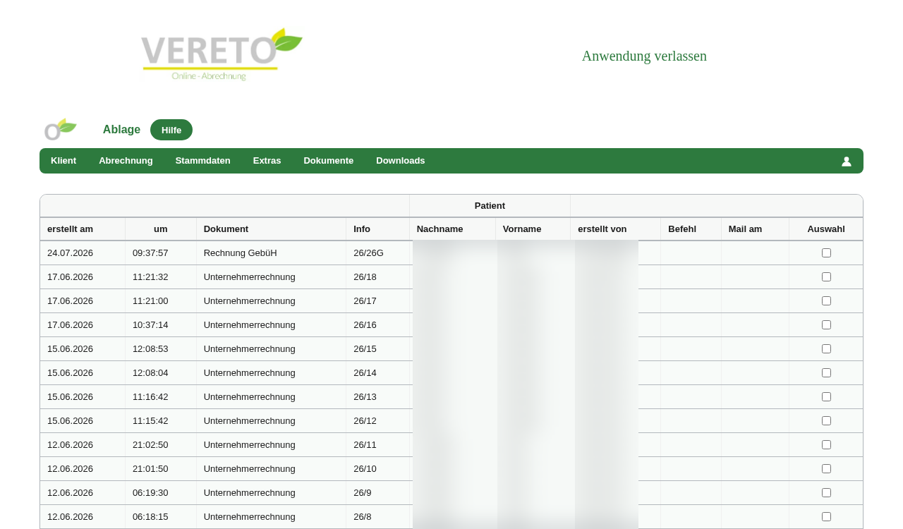 Ablage-Übersicht als Tabelle mit Spalten erstellt am, Dokument, Patient, erstellt von und Auswahl-Checkbox