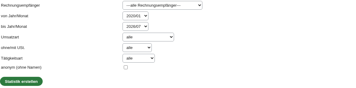 Umsatzstatistik-Auswertungsformular mit Rechnungsempfänger, Zeitraum, Umsatzart und Tätigkeitsart