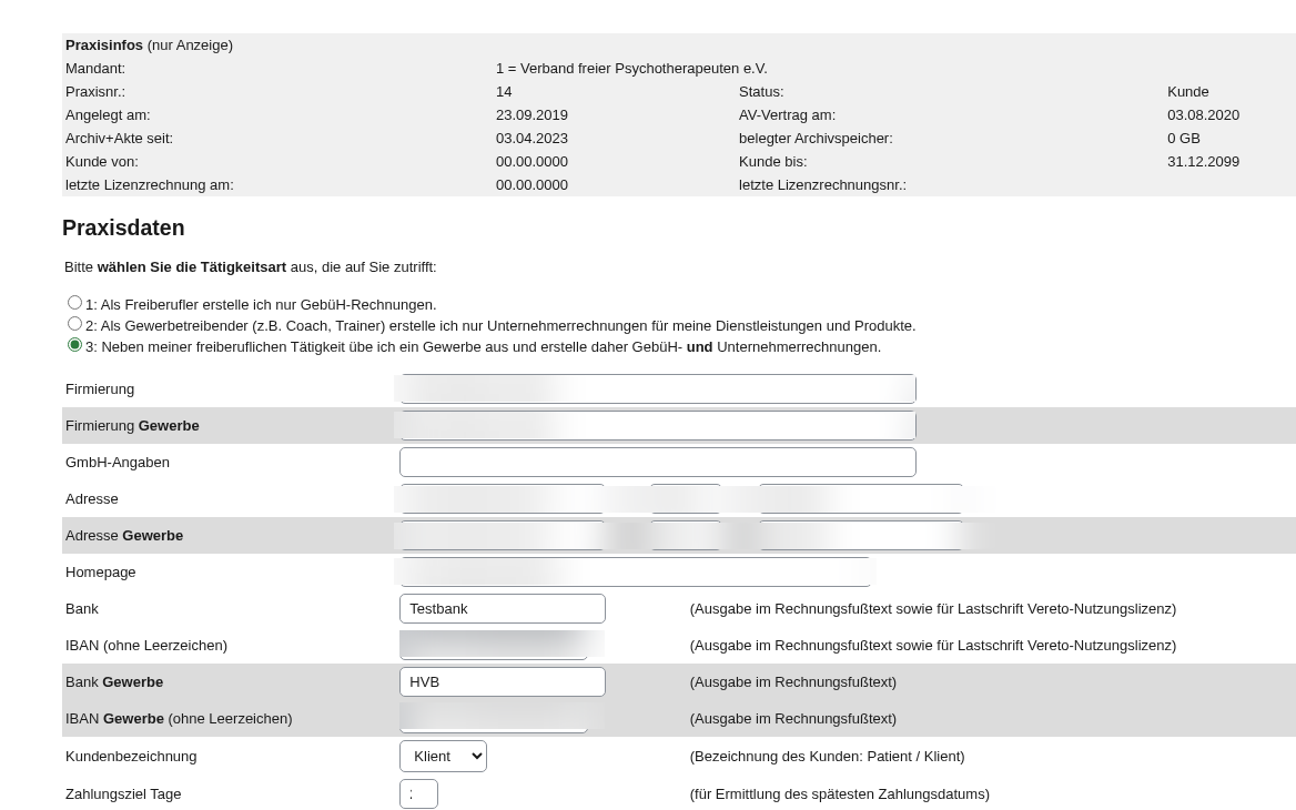 Praxisdaten-Formular mit Tätigkeitsart-Auswahl, Firmierung, Adresse, Bankverbindung und persönlichen Daten (sensible Felder unkenntlich gemacht)