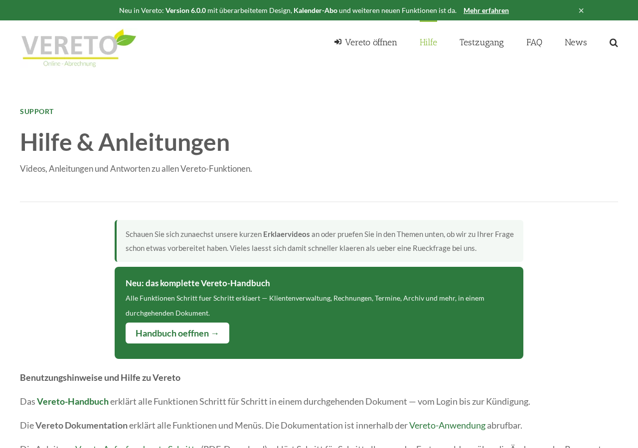 Die Seite vereto.de/hilfe/ mit Verweis auf Erklärvideos und das Vereto-Handbuch