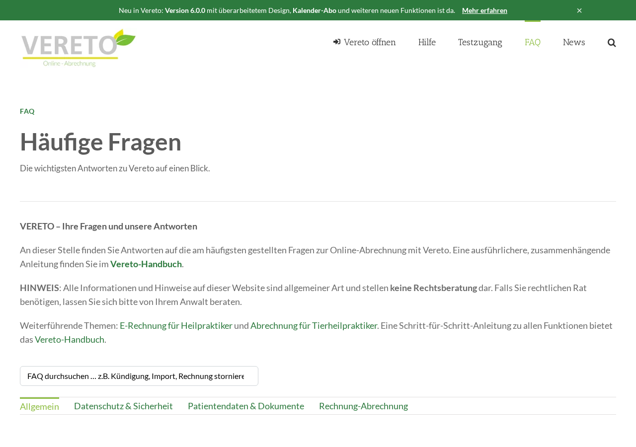 Die FAQ-Seite vereto.de/faq/ mit Suchfeld und Themen-Filterreiter