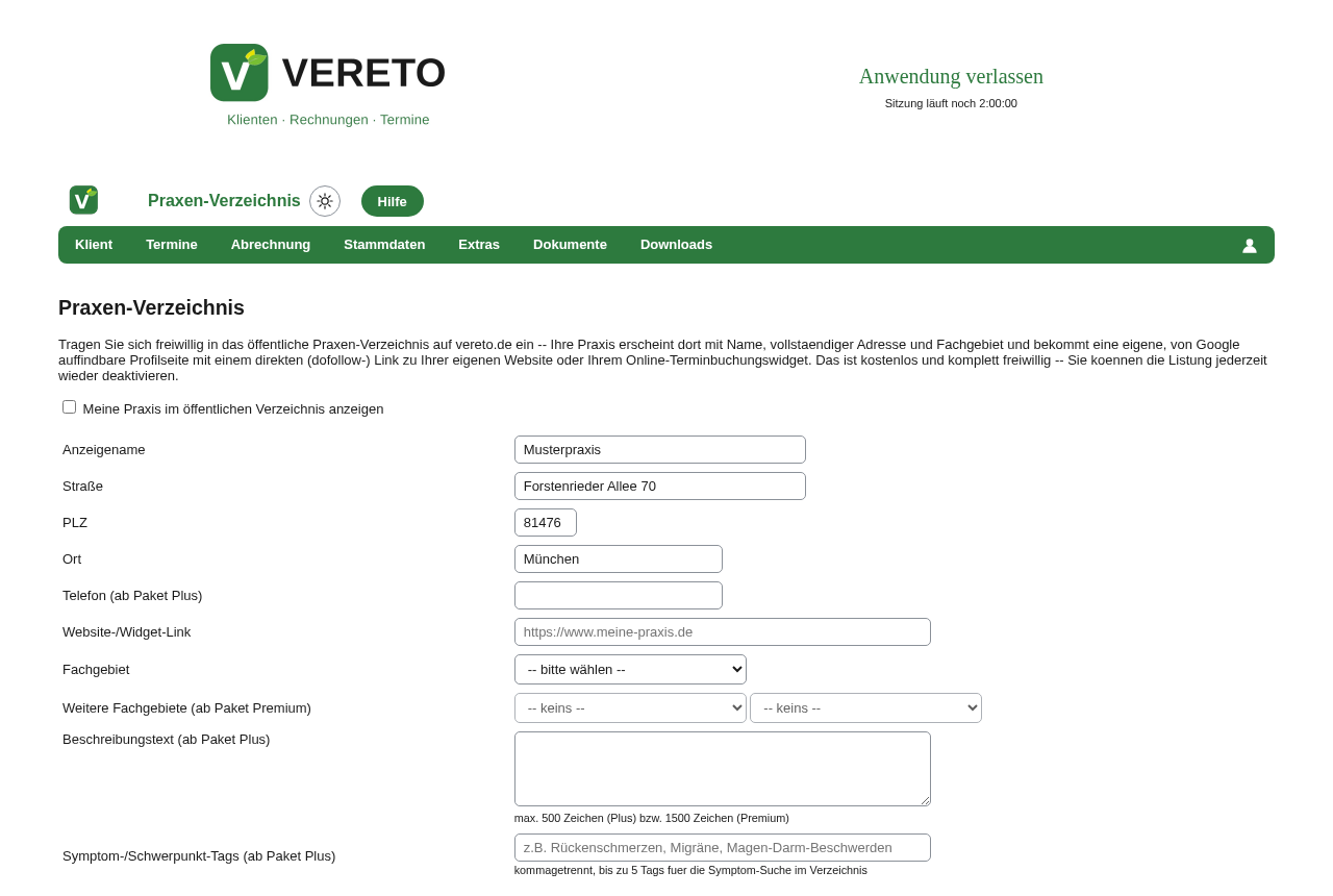 Einstellungsseite für das Praxen-Verzeichnis mit Opt-in-Checkbox und Feldern für Name, Adresse, Fachgebiet und Website