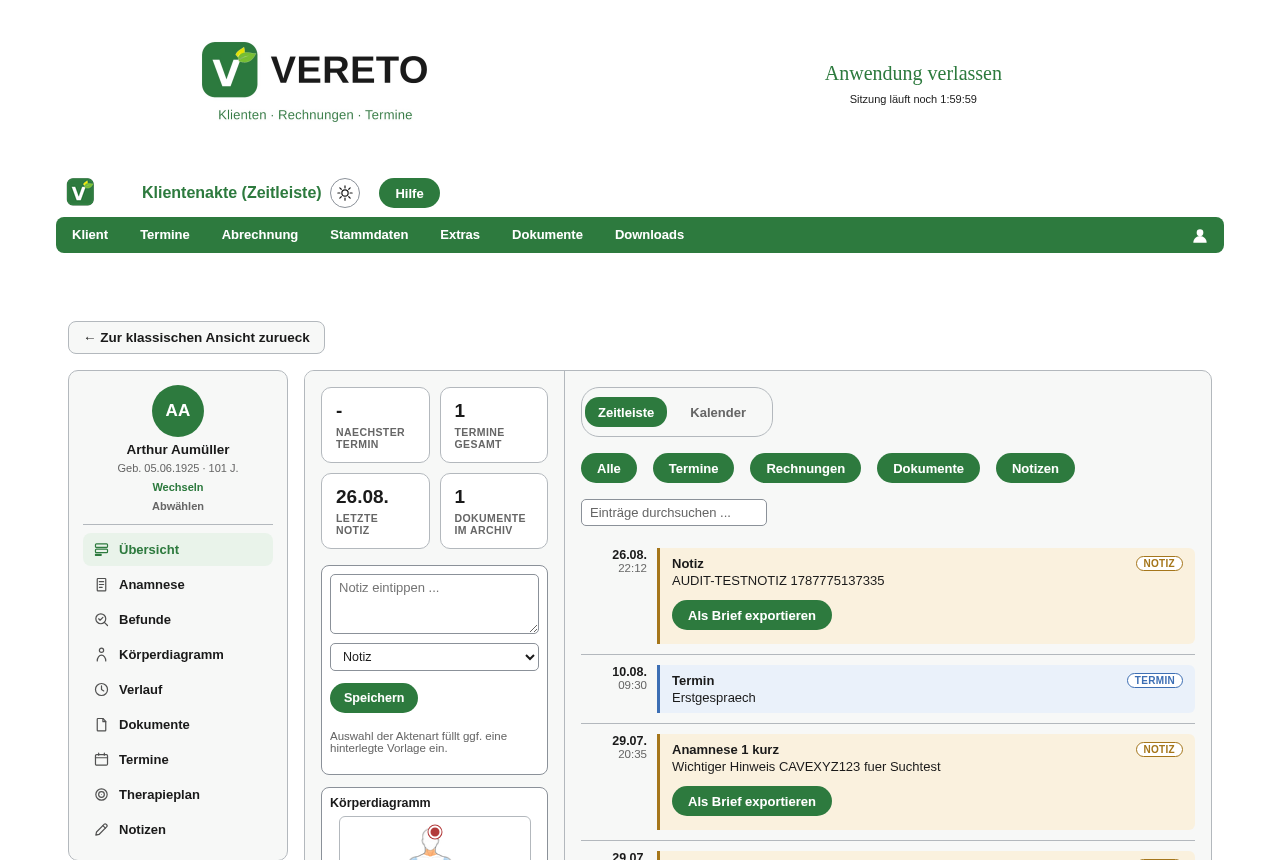 Patientenakte in der Zeitleisten-Ansicht mit Seitenleiste, Schnellnotiz-Feld, Körperdiagramm-Vorschau und chronologischer Liste von Notizen, Terminen und Dokumenten