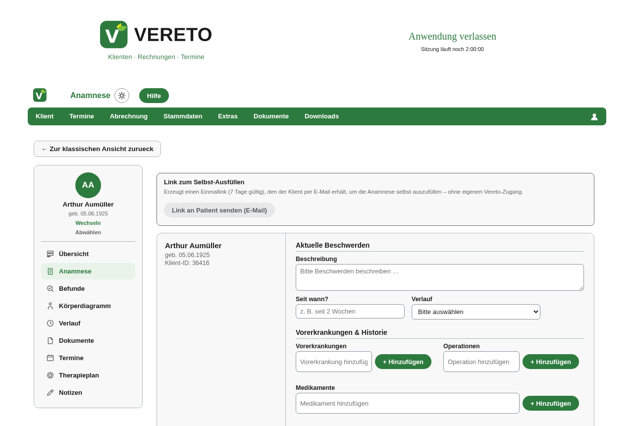Anamnese-Formular mit Feldern für aktuelle Beschwerden, Vorerkrankungen, Operationen und Medikamente