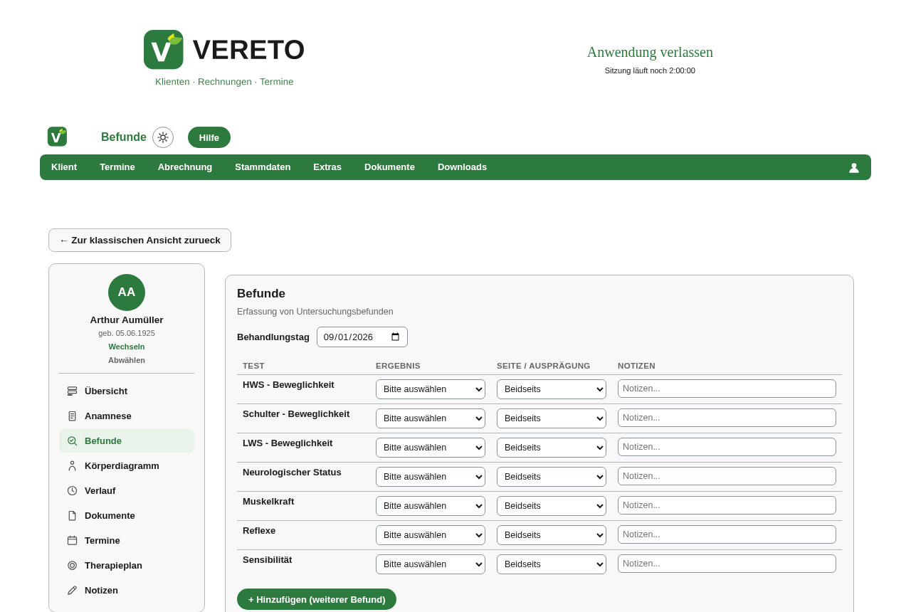 Befunde-Formular mit strukturierter körperlicher Untersuchung und Datei-Anhang